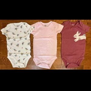 Baby Girls Carters Onesies - Set of 3 - 12 months - Floral + Bunny + Polka Dots